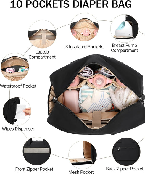 Quilted Diaper Tote with Laptop Compartment and Changing Pad