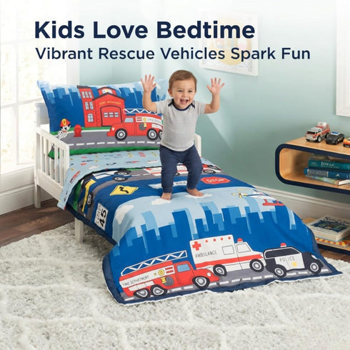 4 Set EVERYDAY KIDS Piece Toddler Bedding -Fire and Police Rescue- Includes Comforter, Flat Sheet, Fitted Sheet