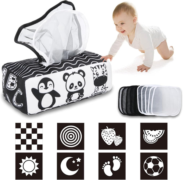 High Contrast Baby Tissue Box Toy, Montessori Black and White Sensory Toy for Newborns, 3 Months+