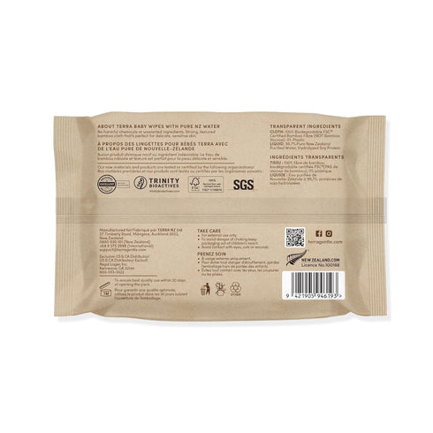 PACK: 99.7% 100% 0% 1 PACK 120 Terra Bamboo Baby Wipes TRAVEL Pure, Pure New Zealand Water, Biodegradable Bamboo Fiber