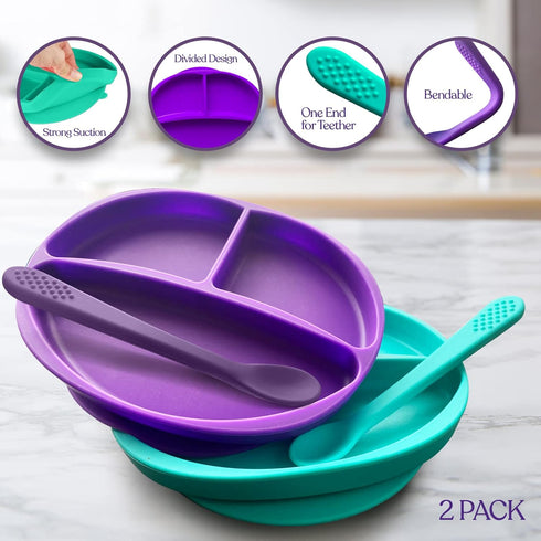 Silicone Suction Plate for Baby, 100% Food Grade Silicone Divided Plate, Toddler Self Feeding Training Set (Purple &