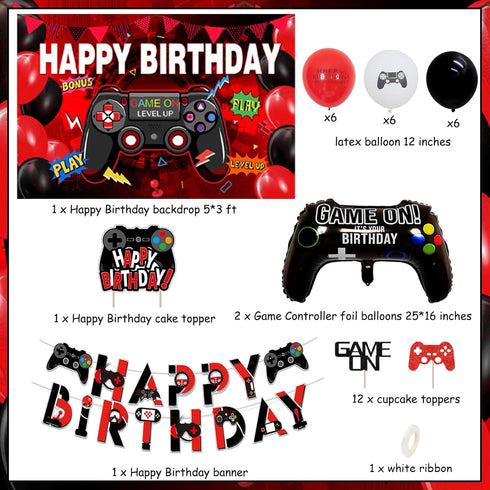 Video Game Birthday Party Decorations Red and Black Gamer Game on Birthday Party Supplies Video Game Happy Birthday Backdrop Banner Cake Topper Game Controller Foil Balloon for Boys