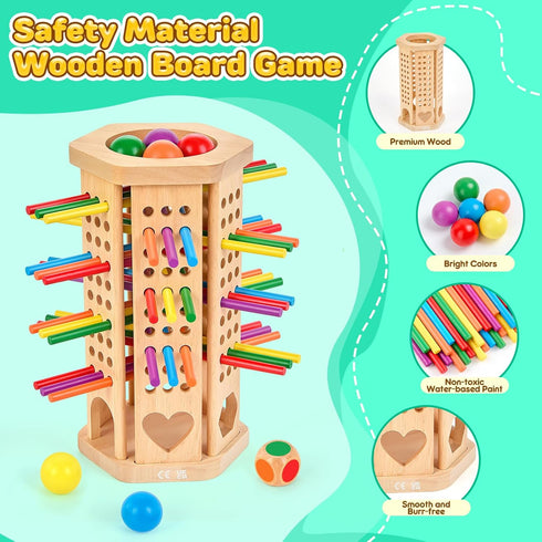 WhimsiPlay 42-Stick 3 4 5 6 Counting, Montessori Wooden Board Game, Dice Game, Math Puzzle Toy for Kids Years Old