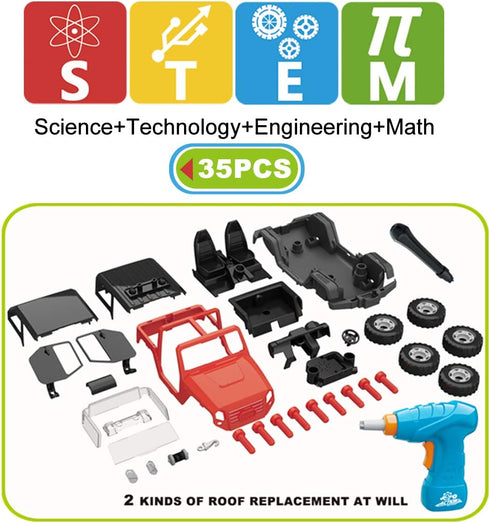 FYD 2in1 Playset 3 Take Apart Jeep Car STEM Learning Assembly with Functional Battery-Powered Drill - Early Childhood