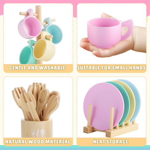 Set -27Pcs Set, 3-5, GAGAKU Kids Wooden Play Dishes Montessori Play Kitchen Accessories Plates and Bowls Storage Stand