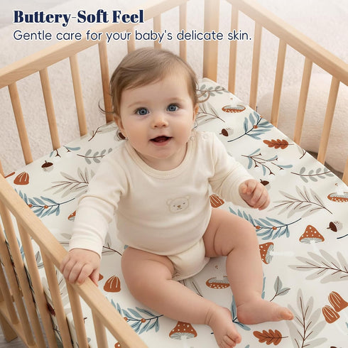 3 Pack 28x52 Inches PHF Soft Leaf&Mushroom Crib Sheets Fitted, Comfy Breathable Baby Sheets for Boys Girls, Fits