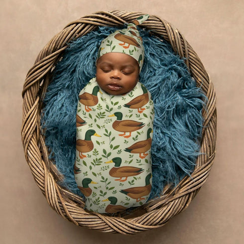 Set KiuLoam Cute Mallard Duck Leaf Animal Print Newborn Swaddle Blanket with Hat Soft Newborn Receiving Blankets Baby