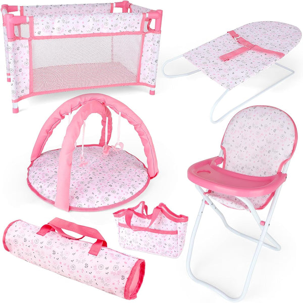 deAO Baby Doll Play Set, 6 Pcs Accessories for 12-14’’ Baby Doll with Crib, High Chair, Play Mat
