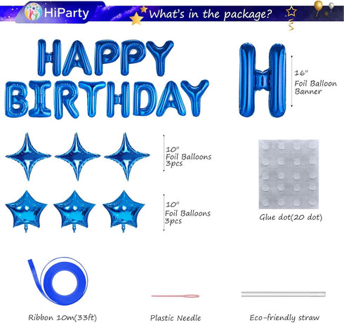 Blue Happy Birthday Balloons Banner, Mylar 3D Foil Letter Banners & 6 Star Balloons, 3-in-1 Party Decorations for Kids