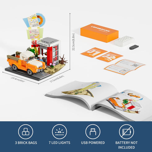 Sunset-Stopover Set Set 455 Lumibricks City Lighting-Building-Bricks - Road Trip Car Station Modular Collection LED