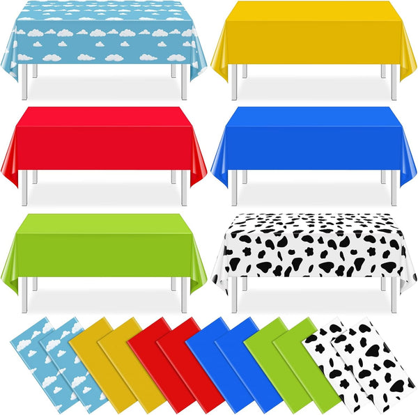 12 Pack Blue Sky and White Cloud Tablecloth, Cartoon Story Mix Color Plastic Disposable Rectangle Cover for Baby Shower