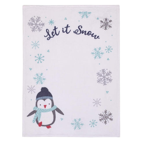 NOJO Penguin Let it Snow Christmas Baby Blanket, White, Aqua, and Gray, Super Soft Photo Op