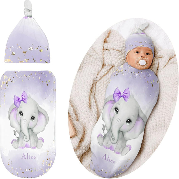 YallLocoMo Personalized Baby Swaddle Blanket for Boys Girls Watercolor Purple Cute Elephant Custom