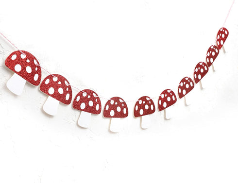 Agkvw Mushroom Garland - Red Glitter Mushroom Banner, Woodland Party Decor, Mushroom Theme Birthday Decorations, Fairy