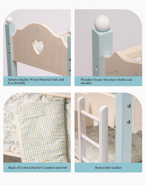 20 Inch WRP10 ROBUD Baby Doll Crib, Wooden Baby Doll Beds for Dolls, Blue Baby Doll Bunk Beds with Tulle, American Girl