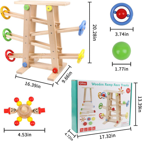 Qilay Wooden Race Track Toddler Toys - Wooden Car Ramp Racer Set with 4 Balls & 5 Race Tracks for Kids