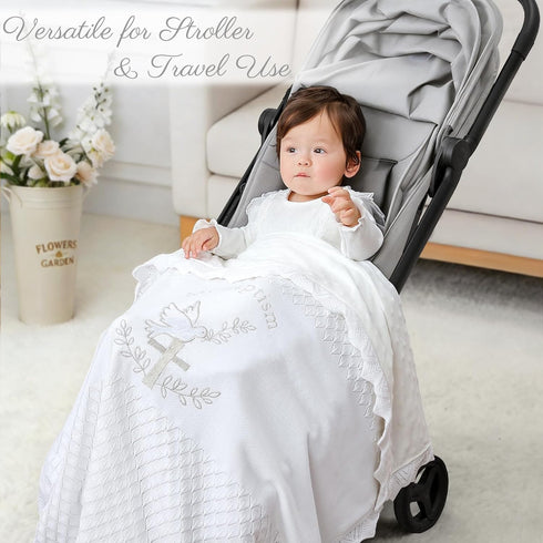 100% 39.4 39.4 Baptism Knit Baby Blanket with Minky Dot Lining, Cotton Christening Blanket x in, Embroidered Cross