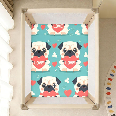 Bseiialft 52 28 Pug Puppy Hearts Teal Crib Sheets for Boys Girls Soft and Breathable Cotton Baby Sheets for Standard