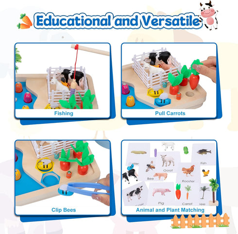 Adena Montessori Farm Animals Toys: Fishing Game Playset with Fence, Animals, Trees, and More for Toddlers