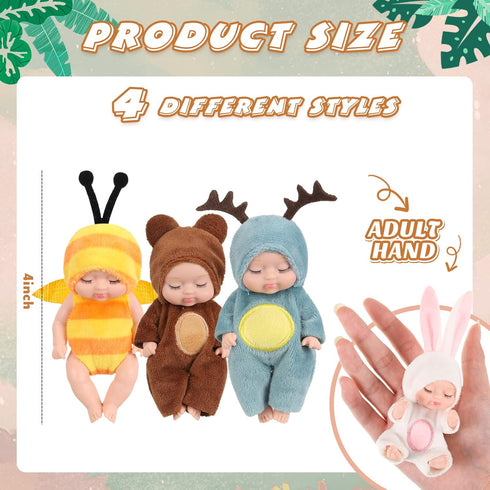 Hanaive 4 Pcs 4 Inch Mini Baby Dolls Lifelike Realistic Baby Dolls Animal Clothes Cute Tiny Babies Gifts for Kids Birthday Baby Shower (Cute Style)