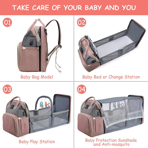 LHDYMXYN Backpack Pack 3 Diaper Bag with Changing Station, Pink Baby Girls Diaper Bag for Mom, Large Travel Baby