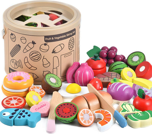 WHOHOLL Wooden Play Food for Kids Kitchen Playset - Montessori Pretend Cutting Food Toys for 2+ Year Old