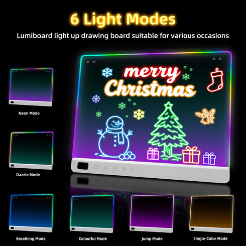 13 16" Led Drawing Board with Light Effects, Rechargeable Glow Doodle LED Note Board with Colors, Neon Light Up Drawing