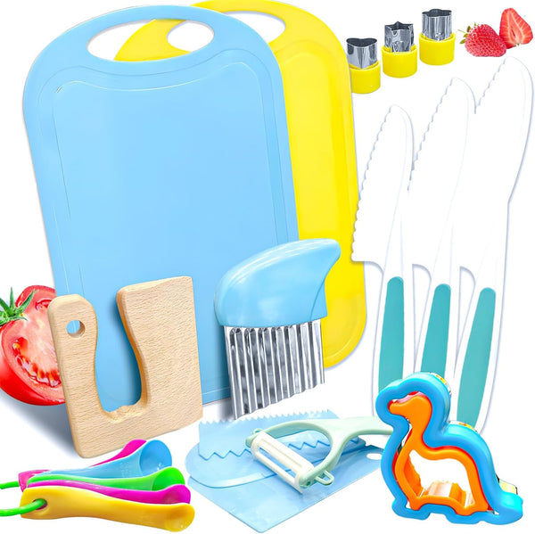 OLRMA 20PCS Kids Knife Set for Real Cooking, Child-Friendly Plastic Toddler Kitchen Tools,