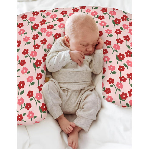 Red and Pink Flowers Baby Nursing Pillow Covers for Boy Girl Preppy Floral Lovers Nursery Pillowcase for Breastfeeding