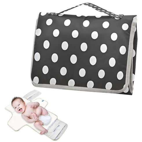 Gravopti Portable Diaper Changing Pad, Waterproof Baby Changing Pad with Built-in Pillow, Black and White Polka Dot