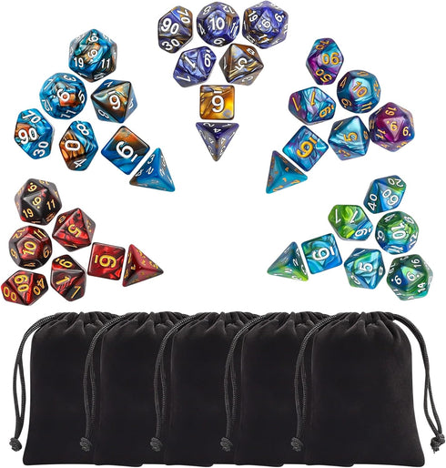 CiaraQ Polyhedral Dice Set (35 Pieces) with Black Pouches - 5 Complete Double-Colors Dice Sets for Dungeons and Dragons