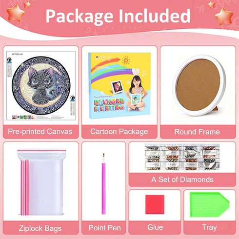 Gemozaic 6-8-12, (8x8inch) Cat Diamond Art Kits for Kids with Round Frame, Black Cat Diamond Art for Kid Ages Animal