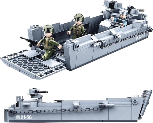 WW2 Set 325 WW2 Set General Jim's Landing Craft Higgins Boat Building Blocks Pieces with Military Jeep & Rotating