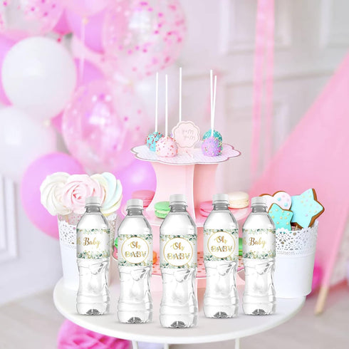 WIDEIDEAL 30 Oh Baby Water Bottle Labels, Baby Shower Stickers, Boy or Girl Party Decorations Eucalyptus Leaves Green