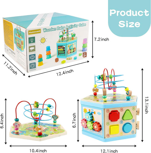 Wooden Activity Cube for 1 Year Old Kids, Educational Bead Maze for Toddler Age 1-3, Montessori Gift