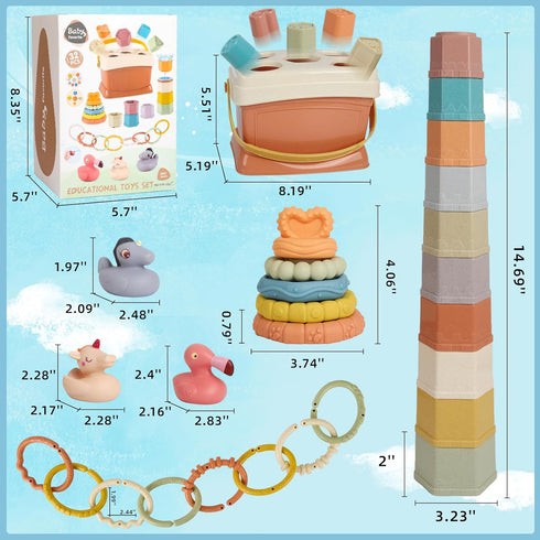 5 in 1 Montessori Baby Toys for 6-48 Months - Stacking Cups, Rings, Soft Animals, Blocks Set for Toddlers 1-3 Years