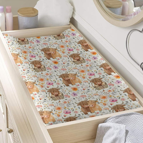 KuphiL10C Girls-16x32 Cartoon Highland Cow Flowers Floral Baby Changing Pad Cover,Unisex Western Farm Animals Cow