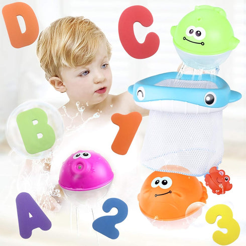 MoraBaby Sets, 36 Set Bath Toy Foam Bath Letters and Numbers, Floating Squirts Animal Toys with Fishing Net