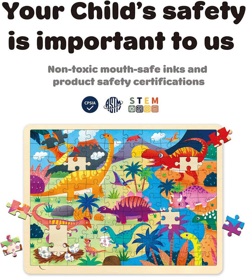 Wooden Puzzles for Kids Ages 3-5 - 100 Piece Dinosaur Jigsaw Puzzle for Ages 4-8 with Unique Pieces