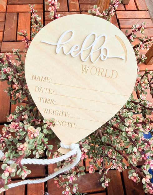 Kemmintvn Wooden Newborn Announcement Ornament, Hello World Balloon Sign with Hanging Rope, Birth Details Wood