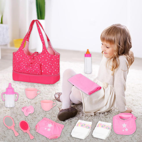 13 Set 14-18 Inch Set ECORELF Baby Doll Accessorie, Pcs Doll Stuff Acessories Storage Diaper Bag for Dolls, Feeding