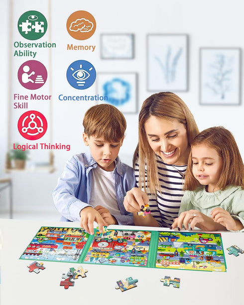 Magnetic Puzzles for Kids Ages 4-8 - 3 in 1 Wooden Jigsaw Puzzles Book, Learning Magnet Gift for Road Trip