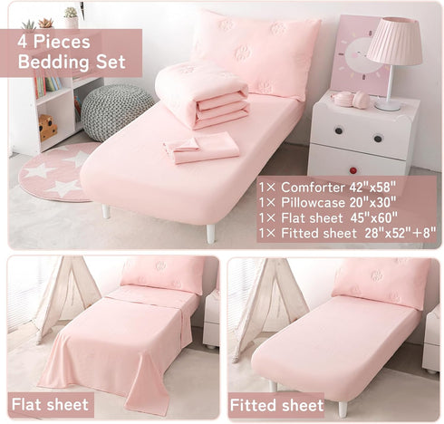 Sets 4 Pink Toddler Bedding for Girls, Pieces Soft Microfiber Floral Embroidery Toddler Bed-in-a-Bag Includes Soft