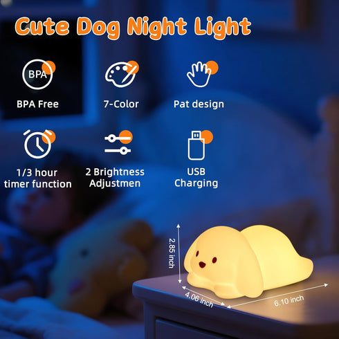 7 1/3 Dimmable Tremdwoto Dog Night Light for Kids,Cute Colorful Night Light Baby Girl Squishy Night Lights Lamp Hour
