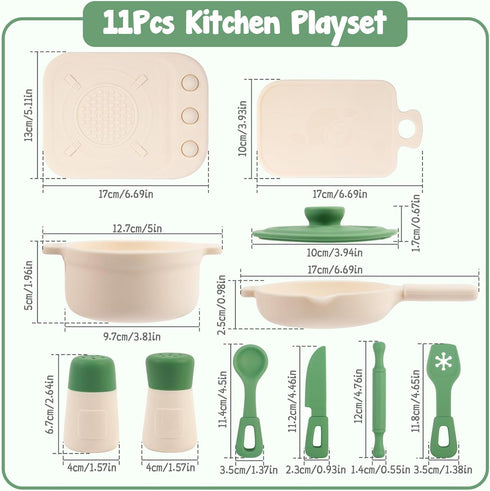 11Pcs Sets,Cooking Set 1-3,Green TYRY.HU BPA Free Kids Play Kitchen Accessories Toy, Silicone Pretend Play Food Toys
