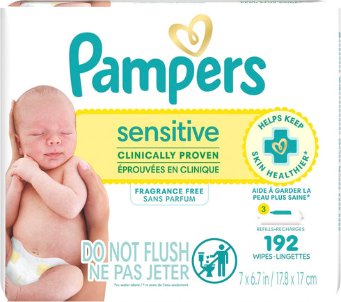 Pampers Baby Wipes Sensitive, Water Based Wipes, Hypoallergenic and Unscented Wipes, 192