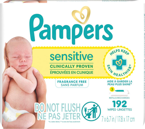 Pampers Baby Wipes Sensitive, Water Based Wipes, Hypoallergenic and Unscented Wipes, 192