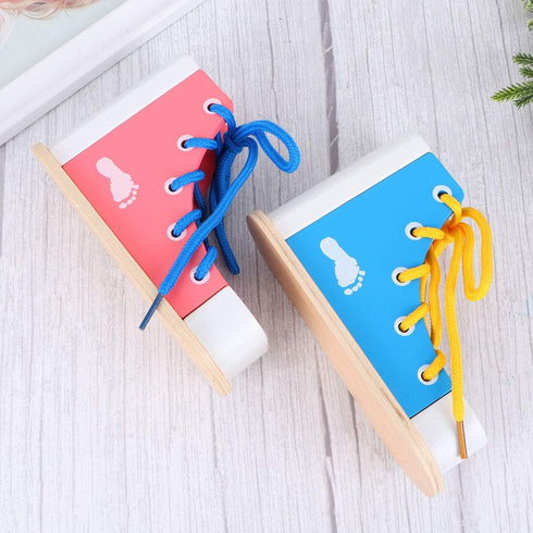 STOBOK 2pcs Wood Lacing Sneaker Tie-Up Shoe Threading Toy Montessori Educational Toys (Blue + Pink)