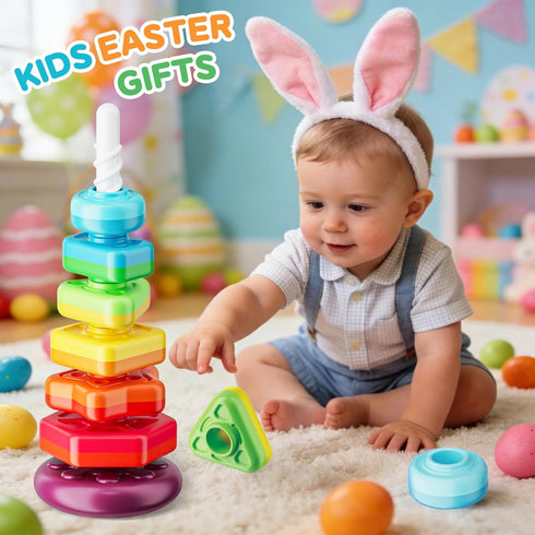 1-3, Baby Spinning Stacking Toys for Toddlers Sensory Montessori Toys for One Year Old Girl Boy, Rainbow Ring Stacker