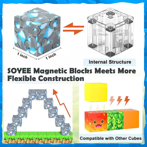 Set 3+ 1'' Soyee Magnetic Blocks - Build Mine Magnet World Forest Mine Magnet Building Blocks Kids Toys for Year Old